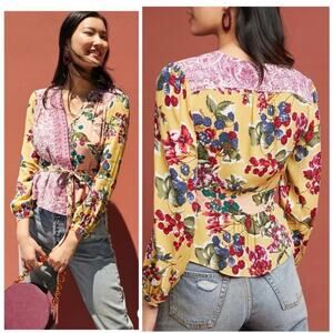 Anthropologie Meadow Rue Floral Patchwork Blouse Paisley Wrap Long Sleeve Size 2